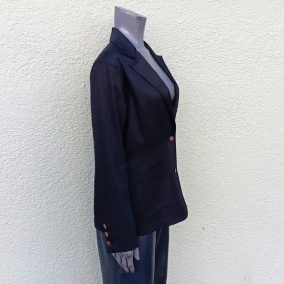 Bill Blass Jeans Stretch Black Cotton (2) Button Blazer W/Metal Button Accents