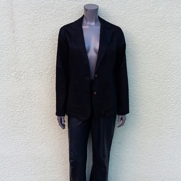 Bill Blass Jeans Stretch Black Cotton (2) Button Blazer W/Metal Button Accents