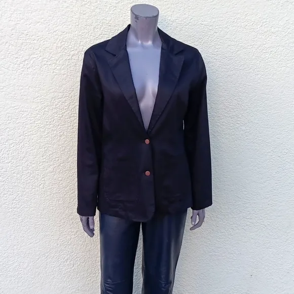 Bill Blass Jeans Stretch Black Cotton (2) Button Blazer W/Metal Button Accents