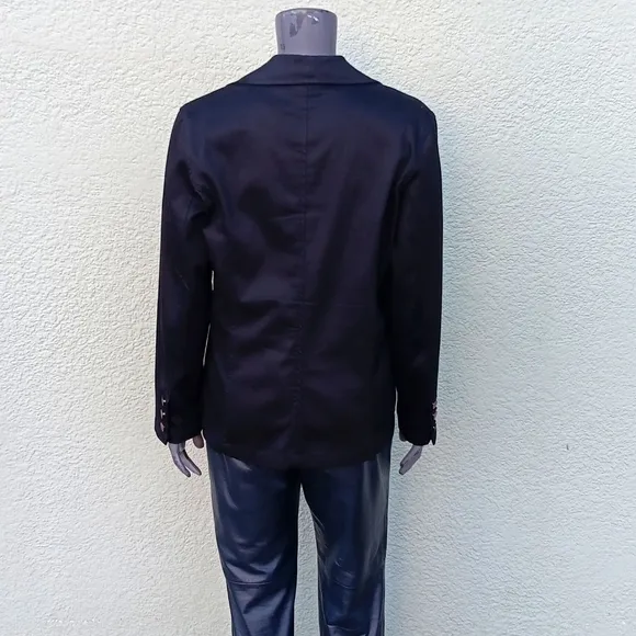 Bill Blass Jeans Stretch Black Cotton (2) Button Blazer W/Metal Button Accents