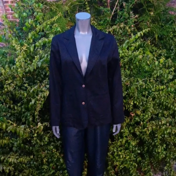 Bill Blass Jeans Stretch Black Cotton (2) Button Blazer W/Metal Button Accents