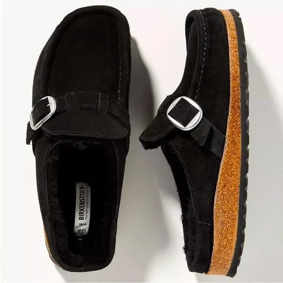 Birkenstock Buckley Black Suede Leather Shearling Lined Mules Clogs Sz 38 US L7