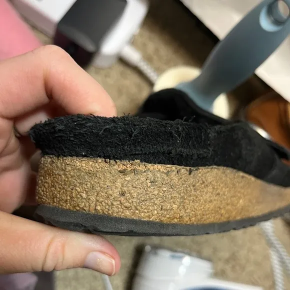 Birkenstock Buckley Black Suede Leather Shearling Lined Mules Clogs Sz 38 US L7