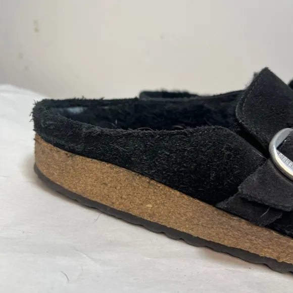 Birkenstock Buckley Black Suede Leather Shearling Lined Mules Clogs Sz 38 US L7