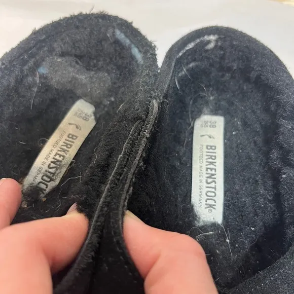 Birkenstock Buckley Black Suede Leather Shearling Lined Mules Clogs Sz 38 US L7