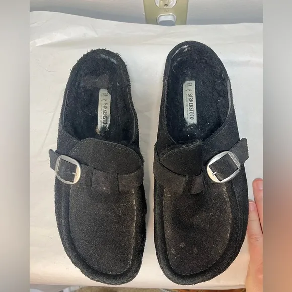Birkenstock Buckley Black Suede Leather Shearling Lined Mules Clogs Sz 38 US L7