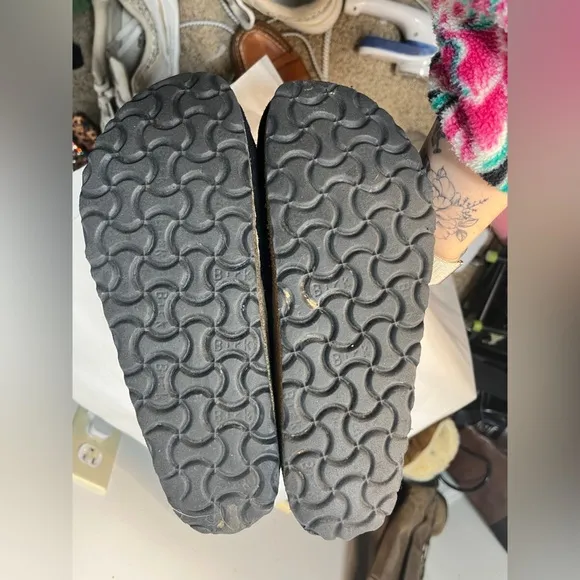 Birkenstock Buckley Black Suede Leather Shearling Lined Mules Clogs Sz 38 US L7