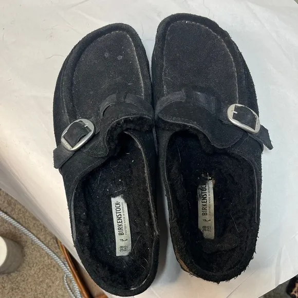 Birkenstock Buckley Black Suede Leather Shearling Lined Mules Clogs Sz 38 US L7