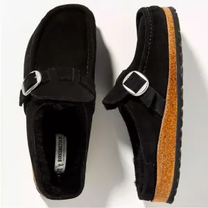 Birkenstock Buckley Black Suede Leather Shearling Lined Mules Clogs Sz 38 US L7
