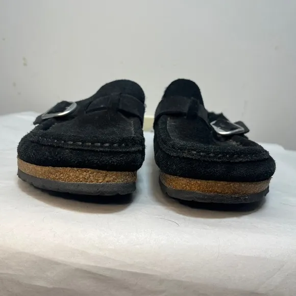 Birkenstock Buckley Black Suede Leather Shearling Lined Mules Clogs Sz 38 US L7