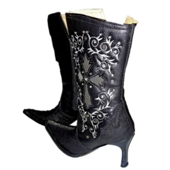 Black Round Toe Mantarraya Exotic Leather Women's Western Cowboy Boots Size5 1/2