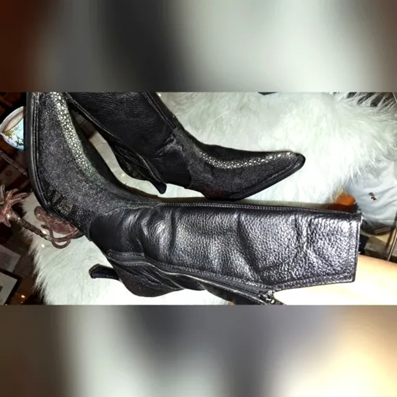 Black Round Toe Mantarraya Exotic Leather Women's Western Cowboy Boots Size5 1/2