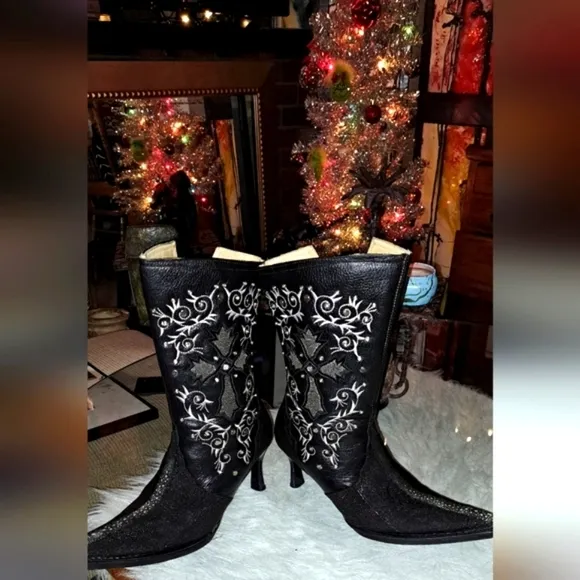Black Round Toe Mantarraya Exotic Leather Women's Western Cowboy Boots Size5 1/2