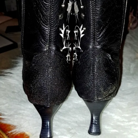 Black Round Toe Mantarraya Exotic Leather Women's Western Cowboy Boots Size5 1/2