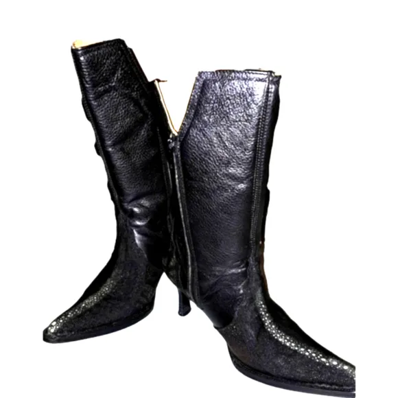 Black Round Toe Mantarraya Exotic Leather Women's Western Cowboy Boots Size5 1/2