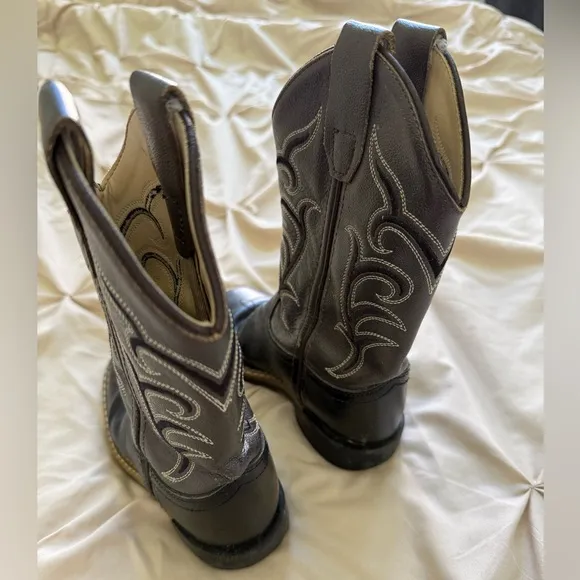 Black Western Cowboy Boots Square Toe with White Stitching Old West Size 10
