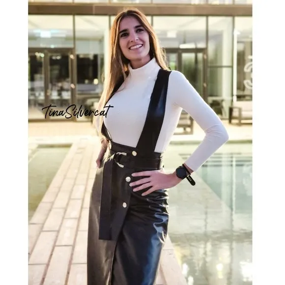 BLOGGER'S FAVE! Zara Black Faux Leather Pinafore High Waisted Skirt Sz S NWT