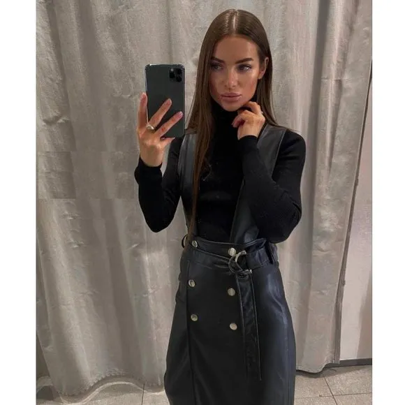 BLOGGER'S FAVE! Zara Black Faux Leather Pinafore High Waisted Skirt Sz S NWT