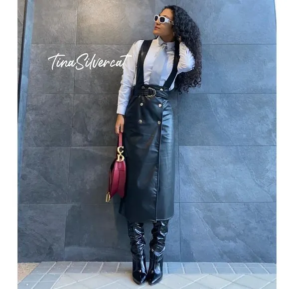 BLOGGER'S FAVE! Zara Black Faux Leather Pinafore High Waisted Skirt Sz S NWT