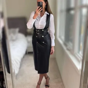 BLOGGER'S FAVE! Zara Black Faux Leather Pinafore High Waisted Skirt Sz S NWT