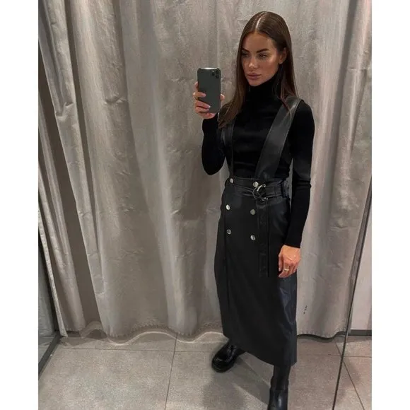 BLOGGER'S FAVE! Zara Black Faux Leather Pinafore High Waisted Skirt Sz S NWT