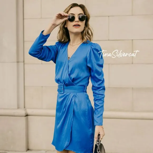 BLOGGER'S FAVE! Zara Blue Belted Satin Effect Mini Dress Sz XS NWT