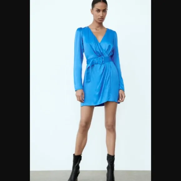 BLOGGER'S FAVE! Zara Blue Belted Satin Effect Mini Dress Sz XS NWT