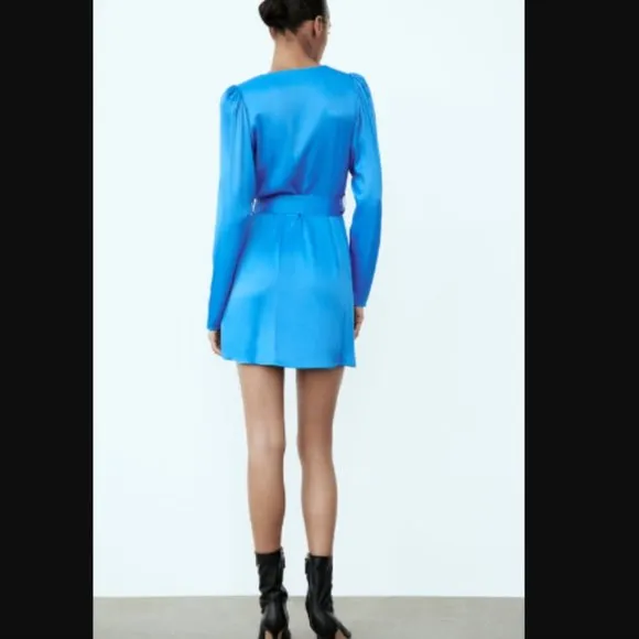 BLOGGER'S FAVE! Zara Blue Belted Satin Effect Mini Dress Sz XS NWT