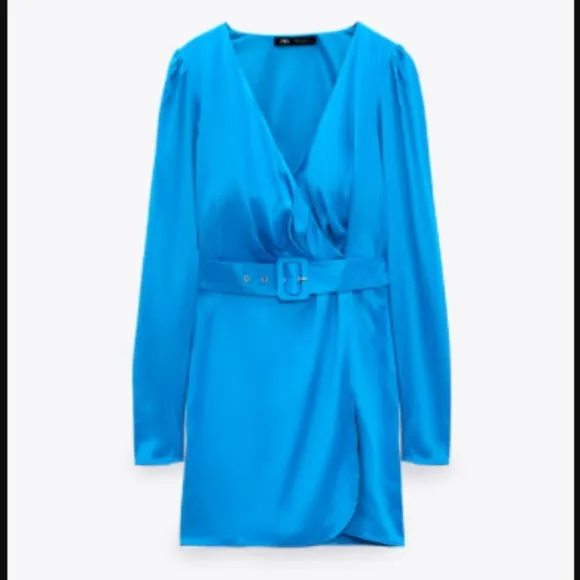 BLOGGER'S FAVE! Zara Blue Belted Satin Effect Mini Dress Sz XS NWT