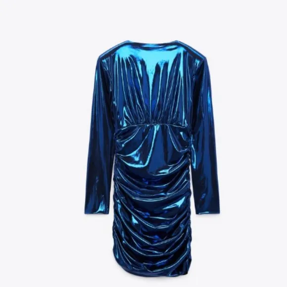 BLOGGER'S FAVE! Zara Blue Liquid Laminated Mini Dress Sz S NWT