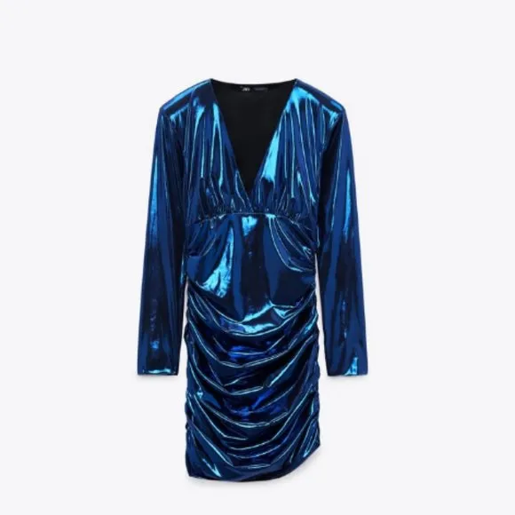 BLOGGER'S FAVE! Zara Blue Liquid Laminated Mini Dress Sz S NWT