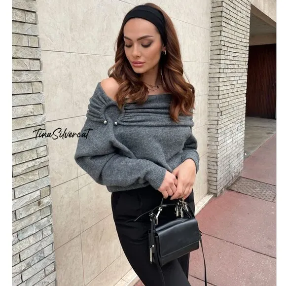 BLOGGER'S FAVE! Zara Draped Knit Sweater Mid-Gray NWT