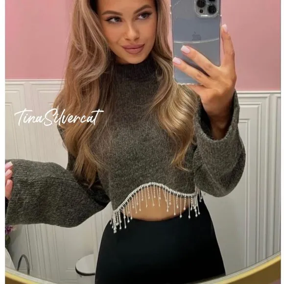 BLOGGER'S FAVE! Zara Gray Marl Jewel Soft Sweater Cropped NWT