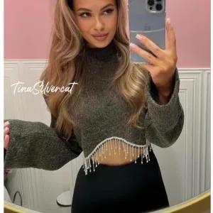 BLOGGER'S FAVE! Zara Gray Marl Jewel Soft Sweater Cropped NWT