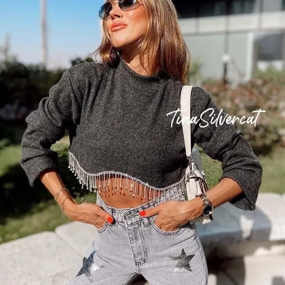 BLOGGER'S FAVE! Zara Gray Marl Jewel Soft Sweater Cropped NWT