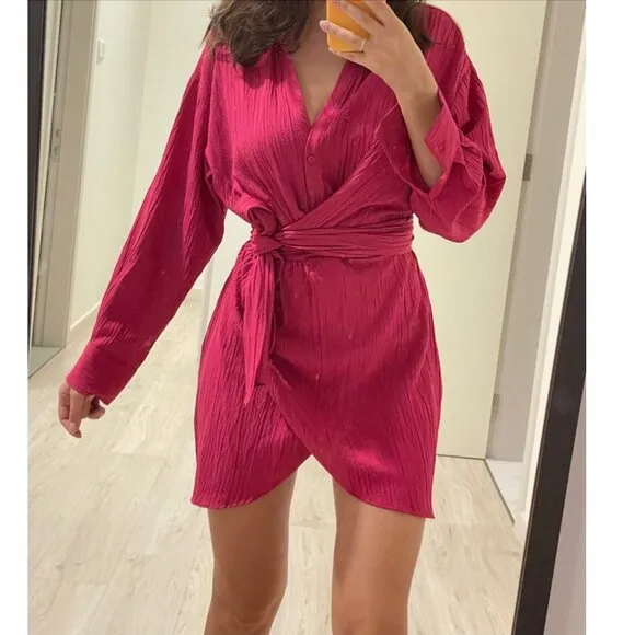 BLOGGER'S FAVE! Zara Hot Pink Wrap Dress Sz S NWT