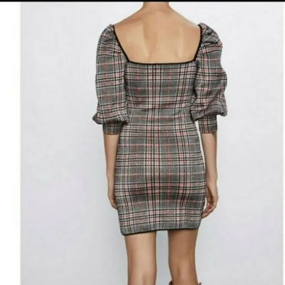 BLOGGER'S FAVE! Zara Plaid Mini Dress Balloon Sleeves Sz S NWT