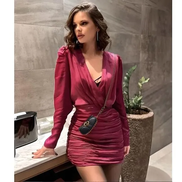 BLOGGER'S FAVE! Zara Printed Satin Fuchsia Mini Dress Sz XS NWT