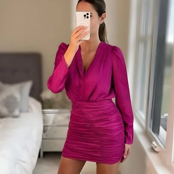 BLOGGER'S FAVE! Zara Printed Satin Fuchsia Mini Dress Sz XS NWT