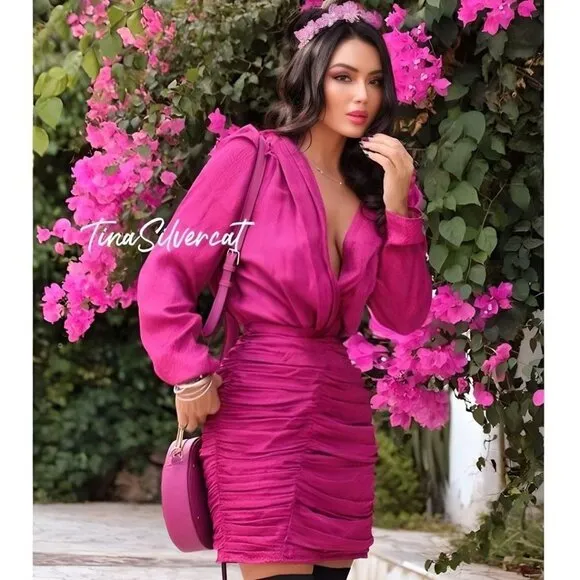 BLOGGER'S FAVE! Zara Printed Satin Fuchsia Mini Dress Sz XS NWT