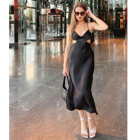 BLOGGER'S FAVE! Zara Satin Effect Cut Out Midi Dress Black Sz XS NWT