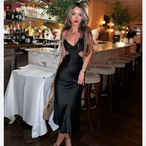 BLOGGER'S FAVE! Zara Satin Effect Cut Out Midi Dress Black Sz XS NWT