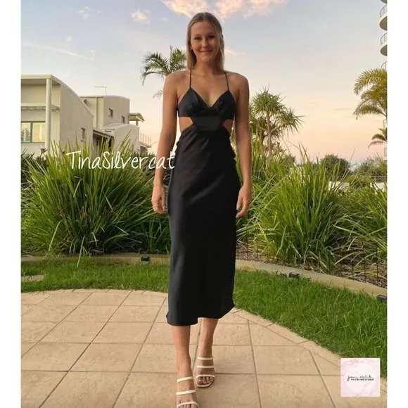 BLOGGER'S FAVE! Zara Satin Effect Cut Out Midi Dress Black Sz XS NWT