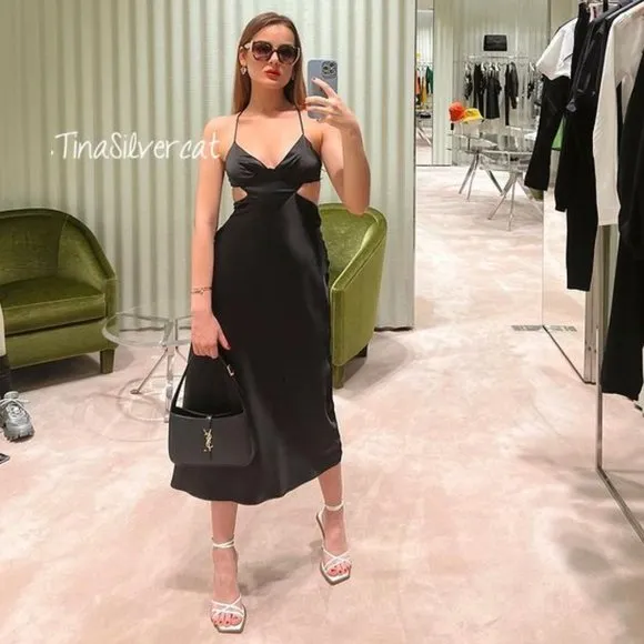 BLOGGER'S FAVE! Zara Satin Effect Cut Out Midi Dress Black Sz XS NWT