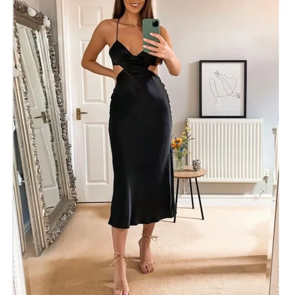 BLOGGER'S FAVE! Zara Satin Effect Cut Out Midi Dress Black Sz XS NWT