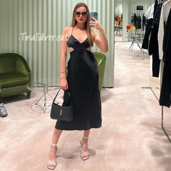 BLOGGER'S FAVE! Zara Satin Effect Cut Out Midi Dress Black Sz XS NWT