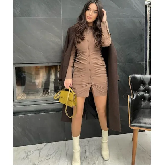 BLOGGER'S FAVE!  Zara Shirt Dress With Gathering Light Brown NWT