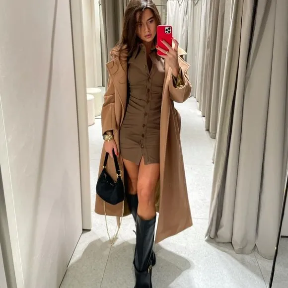 BLOGGER'S FAVE!  Zara Shirt Dress With Gathering Light Brown NWT