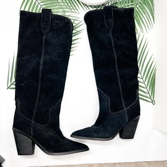 Blondo Wylde Knee High Waterproof Black Suede Western Boots Size 6.5 M NWOB