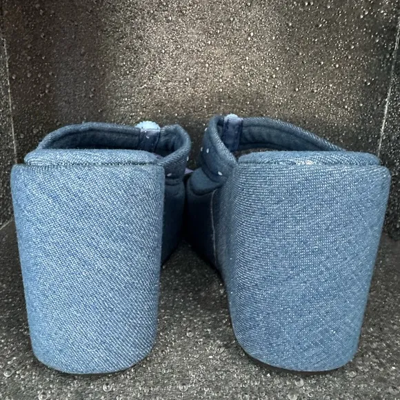 BNWT denim jean platform wedge opalite crystal buddha shoe size 8/38